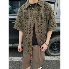 批发cleanfit镂空针织衫男短袖夏季薄款美式复古度假风小众设计感衬衣