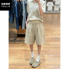 批发老钱风杏色彷<b class='q'>亚麻</b>褶皱短裤男夏季松弛感宽松沙滩裤简约高端五分裤