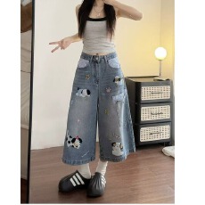 批发复古重工卡通刺绣软<b class='q'>牛仔裤</b>女2026秋季松紧腰百搭休闲阔腿七分裤