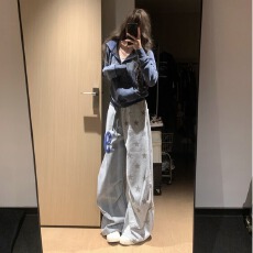 批发美式复古星星满印<b class='q'>松紧腰</b>卫裤男女宽松休闲阔腿百搭抽绳长裤