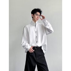 批发重磅长袖衬衫男女<b class='q'>春</b>秋季休闲高级感小众多纽扣法式垂坠立领衬衣
