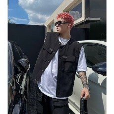 批发秋季发型师潮流西装马甲<b class='q'>男</b>宽松ins痞帅机能风外搭工装背心外套潮