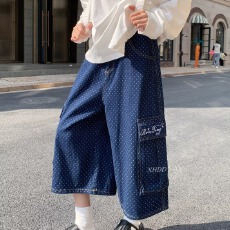 批发美式高街复古水洗大口袋阔腿七分牛仔裤<b class='q'>男</b>女夏季百搭宽松<b class='q'>短裤</b>