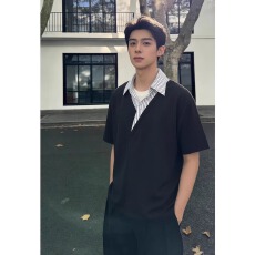 批发黑色假两件短袖polo衫男款夏季拼接衬衫领T恤美式重磅正肩五分袖