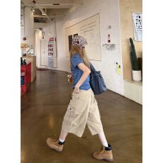 批发美式复古大口袋工装短裤女夏季高街潮牌宽松休闲直筒阔腿七分裤