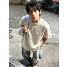 批发美式扎染格纹亨利领短袖男款2026夏季t恤高级感休闲半袖