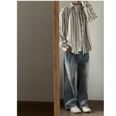 批发日系复古小众设计感民族风条纹长袖衬衫男<b class='q'>春</b>秋季潮流痞帅镂空外套