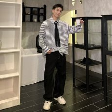 批发学院风竖条纹衬衫宽松<b class='q'>春</b>季新款百搭学生上衣别致法式领带衬衣潮