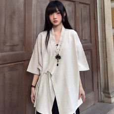 批发2026纯色女设计感新中式道袍绑带短袖外套小众百搭短袖上衣小衫