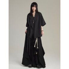 批发2026纯色女设计感新中式道袍绑带短袖外套小众百搭短袖上衣小衫