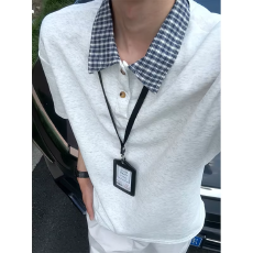 批发设计感假两件格子拼接短袖T恤男款夏美式潮牌POLO衫翻领正肩上衣