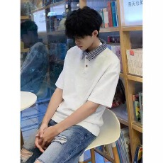 批发设计感假两件格子拼接短袖T恤男款夏美式潮牌POLO衫翻领正肩上衣