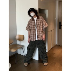 批发美式<b class='q'>复古</b>撞色拼接格子短袖衬衫男女夏季新款宽松<b class='q'>日系</b>拉链开衫衬衣
