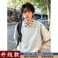 批发2026美式重磅水洗做旧短袖<b class='q'>男</b>夏季宽松刺绣工艺点缀<b class='q'>POLO</b><b class='q'>衫</b>大码T恤