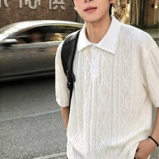 批发黑色透气凉感纱镂空提花针织<b class='q'>POLO</b><b class='q'>衫</b><b class='q'>男</b>士简约轻熟风翻领短袖