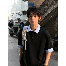 批发美式假两件格纹拼接Polo短<b class='q'>袖</b>男夏季痞帅高级感t恤重磅正肩<b class='q'>半截</b><b class='q'>袖</b>