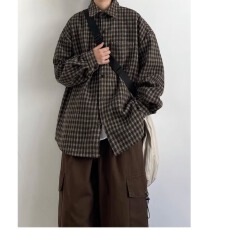 春秋新款男女日系复古条格衬衫休闲宽松廓形长袖外套上衣古着衬衣