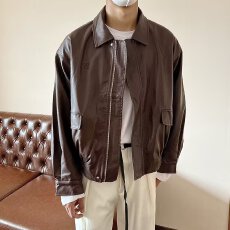批发美式复古皮衣外套男款春秋季高级感痞帅潮牌休闲宽松翻领pu皮夹克