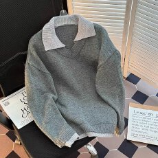 秋冬季假两件毛衣男士日系复古宽松休闲慵懒高级感百搭翻领针织衫