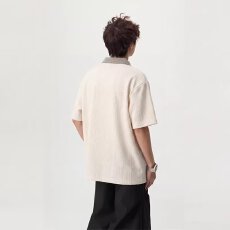 韩版轻奢海鸥V领格纹短袖针织衫男秋冬潮流新款老钱风简约翻领T恤