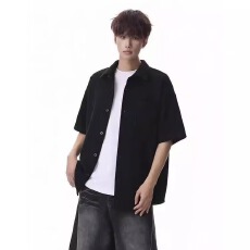 批发<b class='q'>日系</b><b class='q'>复古</b>条纹短袖衬衫男夏季宽松肌理感衬衣情侣休闲百搭半袖