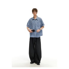 美式薄款冰丝棉格子短袖衬衫男2026春季新款高级感男款半袖衬衣