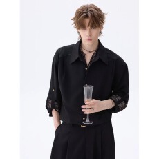 批发<b class='q'>夏</b>季透气冰丝长袖衬衫男高级感袖箍镶钻设计感韩版发型师免烫衬衣