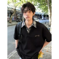 批发黑色假两件格子拼接polo衫<b class='q'>短袖</b><b class='q'>男</b>夏季潮牌美式学院风翻领正肩t恤