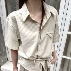 批发夏季轻熟风<b class='q'>男</b>士条纹衬衫肌理感文艺韩范翻领上衣慵懒感简约<b class='q'>短袖</b>