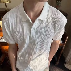 批发美式复古针织polo衫<b class='q'>男</b>薄款透气修身<b class='q'>短袖</b>设计感小V翻领t恤冰丝线衣