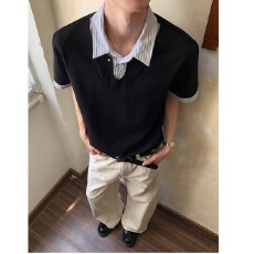 批发2026夏季拼接假两件短袖POLO衫男女<b class='q'>潮</b>牌宽松情侣休闲百搭T恤