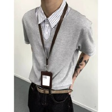 批发假两件衬衫领短袖T恤男款夏季<b class='q'>潮</b>牌高级感polo领痞帅宽松凉感半袖