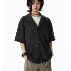 批发高级感纯色古巴领短袖衬衫男女款<b class='q'>夏</b>季美式复古痞帅宽松衬衣