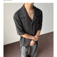批发花衬衫男短袖<b class='q'>夏</b>季冰丝半截袖polo衫潮流潮牌高级感痞帅<b class='q'>夏</b>天v领t恤