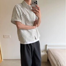 批发<b class='q'>夏</b>季港风冰丝条纹短袖衬衫男宽松潮牌潮流休闲衬衣痞帅半袖上衣服