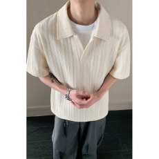 批发米白色假两件polo衫短袖男款<b class='q'>夏</b>季少年感正肩T恤cleanfit翻领半袖