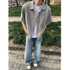 批发2026复古格纹短袖衬衫男<b class='q'>夏</b>季宽松休闲格子衬衣半袖上衣