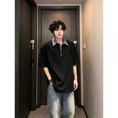 批发假两件格纹拼接Polo衫短袖男<b class='q'>夏</b>季美式半拉炼正肩T恤cleanfit半袖