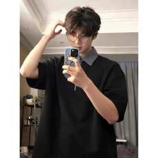 批发美式假两件短袖polo衫男款<b class='q'>夏</b>季小众半拉炼格子拼接t恤高级感半袖