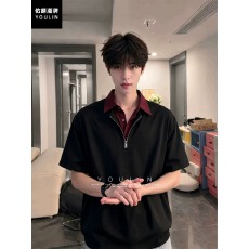 批发美式假两件短袖polo衫男款<b class='q'>夏</b>季设计感半拉链正肩t恤重磅翻领半袖