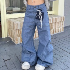 批发牛仔美式复古Cleanfit解构大口袋弯刀工装裤男2025新款阔腿休闲裤