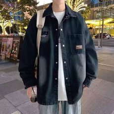 批发长袖牛仔<b class='q'>外套</b>男士<b class='q'>夏季</b>薄款衬衫宽松潮流潮牌衬衣休闲复古夏装上衣