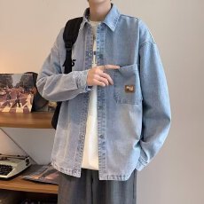 批发港风牛仔长袖<b class='q'>衬衫</b>男生休闲春秋痞帅外套青少年日系潮流新款