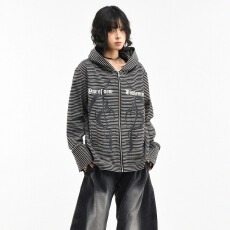 批发美式<b class='q'>街头</b>条纹连帽卫衣女春秋季修身显瘦新款拉链开衫外套上衣