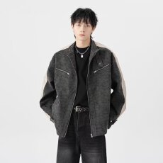 批发<b class='q'>春</b>秋美式拼接PU皮夹克男垫肩宽松机能风嘻哈潮牌立领外套痞帅上衣