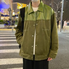 高级感仿麂皮绒拼接夹克男韩版休闲设计轻熟风撞色痞帅外套上衣潮