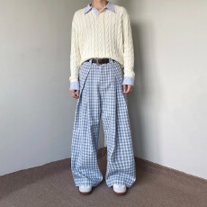 批发老钱风街头简约打褶cleanfit立体baggy格子纹阔腿休闲裤西裤