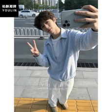 批发人夫感穿搭假两件蓝白条纹衬衫男生慵懒松弛感ootd套装搭配一整套