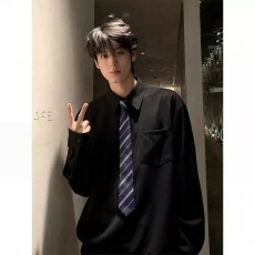 批发黑色假领带衬衫男款春季痞帅高级感垂感长袖上衣cleanfit叠穿衬衣