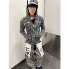 批发帽衫卫衣外套男2026<b class='q'>秋</b>季新款修身显瘦连帽长袖条纹开衫短款上衣女